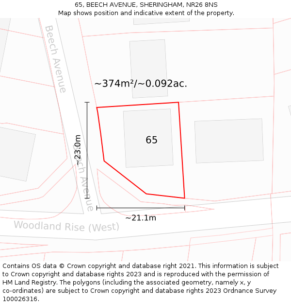 65, BEECH AVENUE, SHERINGHAM, NR26 8NS: Plot and title map