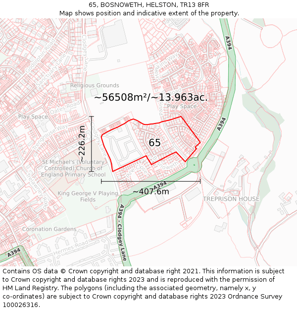 65, BOSNOWETH, HELSTON, TR13 8FR: Plot and title map