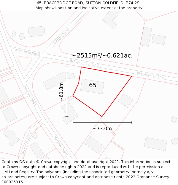65, BRACEBRIDGE ROAD, SUTTON COLDFIELD, B74 2SL: Plot and title map