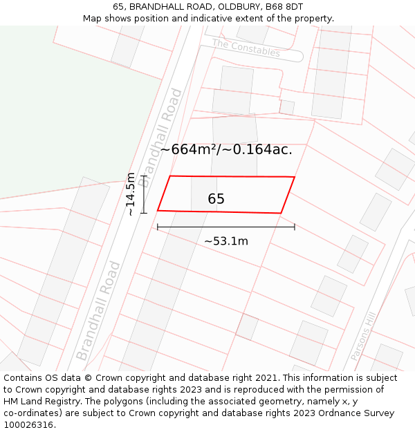 65, BRANDHALL ROAD, OLDBURY, B68 8DT: Plot and title map