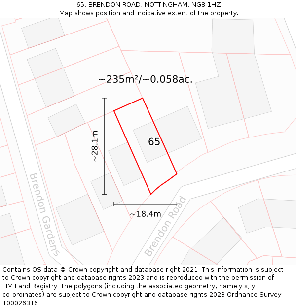 65, BRENDON ROAD, NOTTINGHAM, NG8 1HZ: Plot and title map
