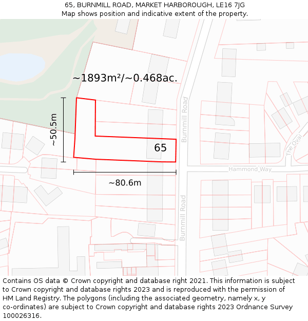 65, BURNMILL ROAD, MARKET HARBOROUGH, LE16 7JG: Plot and title map