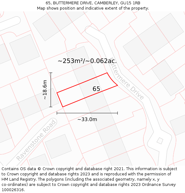 65, BUTTERMERE DRIVE, CAMBERLEY, GU15 1RB: Plot and title map