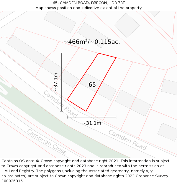 65, CAMDEN ROAD, BRECON, LD3 7RT: Plot and title map