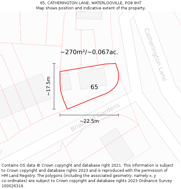 65, CATHERINGTON LANE, WATERLOOVILLE, PO8 9HT: Plot and title map