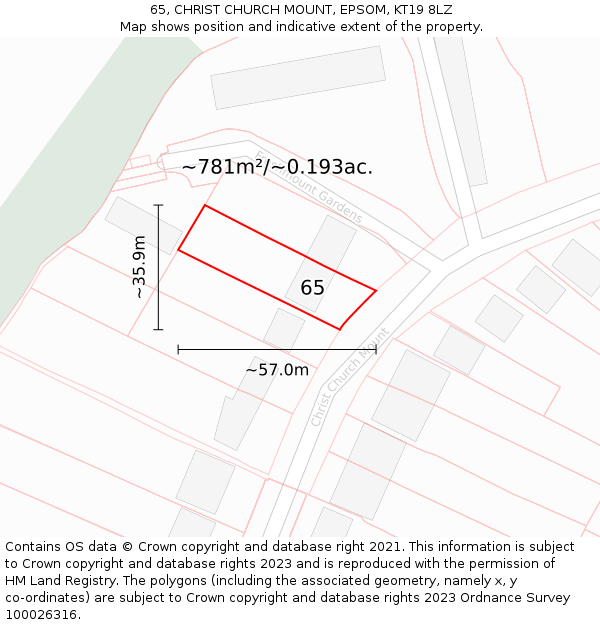 65, CHRIST CHURCH MOUNT, EPSOM, KT19 8LZ: Plot and title map