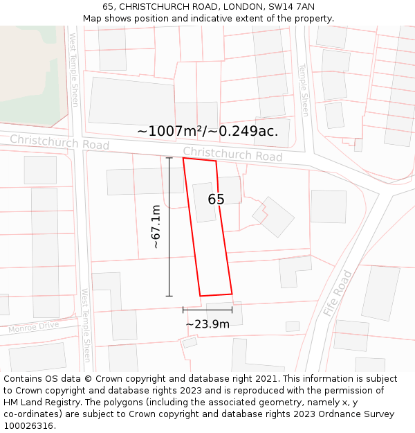 65, CHRISTCHURCH ROAD, LONDON, SW14 7AN: Plot and title map