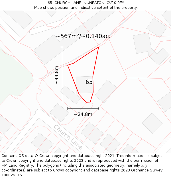 65, CHURCH LANE, NUNEATON, CV10 0EY: Plot and title map