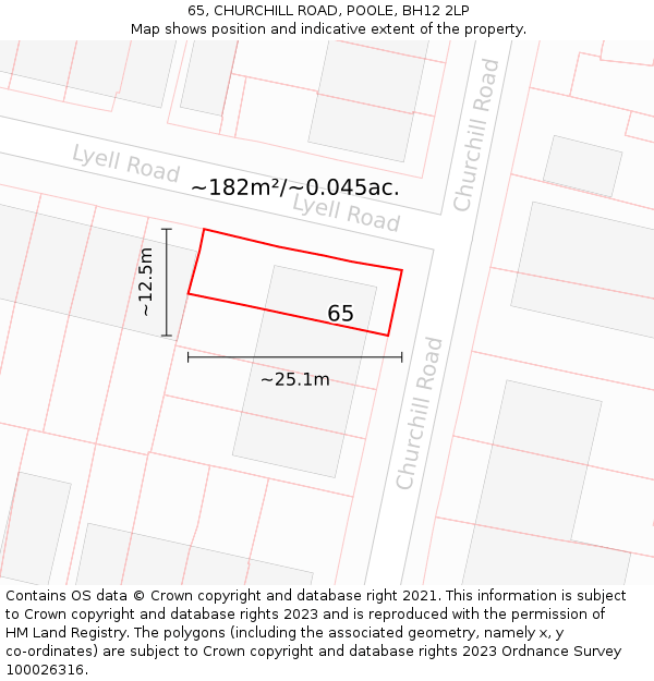 65, CHURCHILL ROAD, POOLE, BH12 2LP: Plot and title map