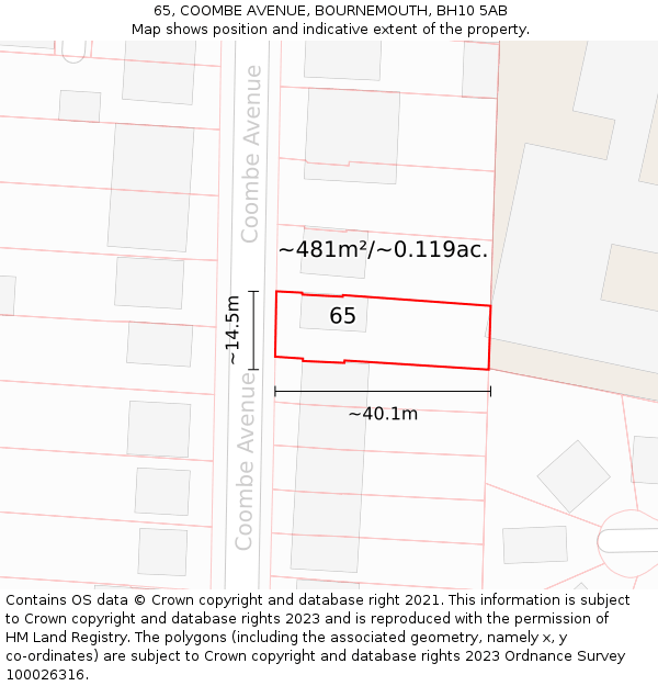 65, COOMBE AVENUE, BOURNEMOUTH, BH10 5AB: Plot and title map