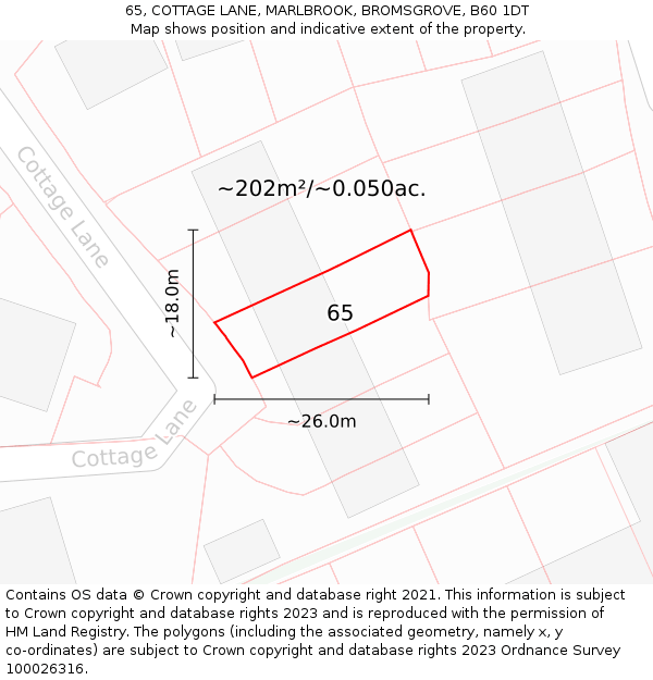 65, COTTAGE LANE, MARLBROOK, BROMSGROVE, B60 1DT: Plot and title map