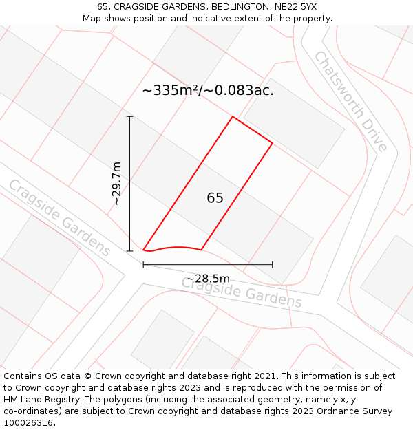 65, CRAGSIDE GARDENS, BEDLINGTON, NE22 5YX: Plot and title map