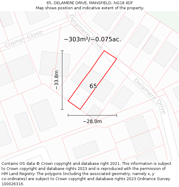 65, DELAMERE DRIVE, MANSFIELD, NG18 4DF: Plot and title map