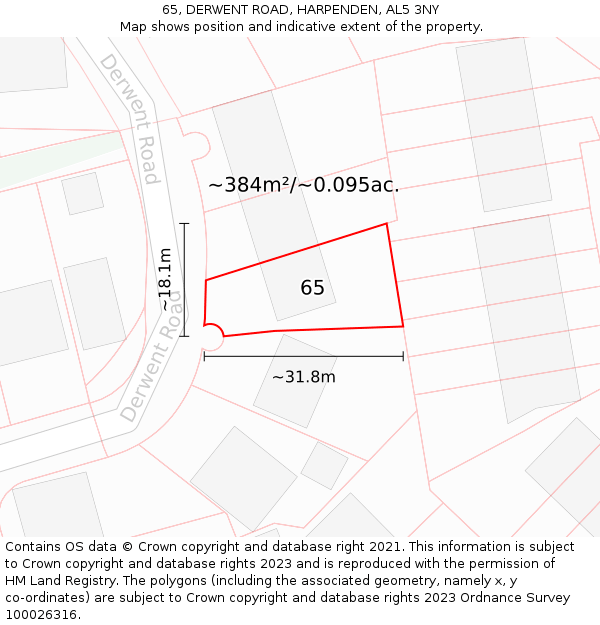 65, DERWENT ROAD, HARPENDEN, AL5 3NY: Plot and title map