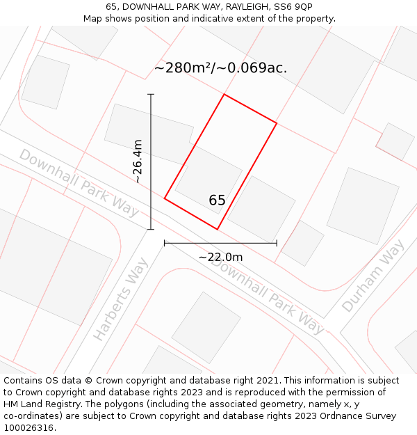 65, DOWNHALL PARK WAY, RAYLEIGH, SS6 9QP: Plot and title map