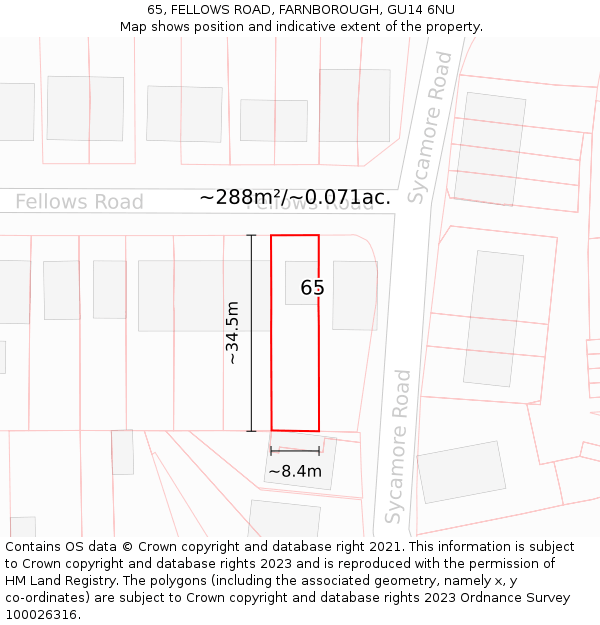 65, FELLOWS ROAD, FARNBOROUGH, GU14 6NU: Plot and title map