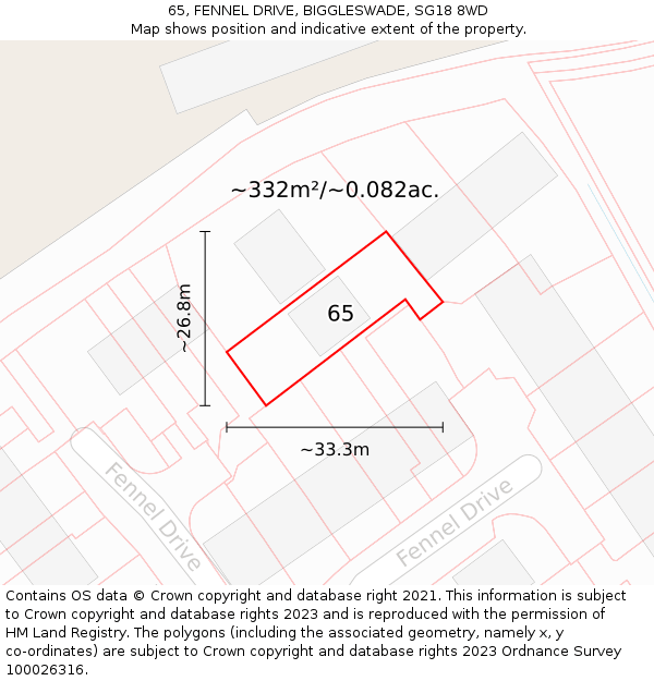 65, FENNEL DRIVE, BIGGLESWADE, SG18 8WD: Plot and title map