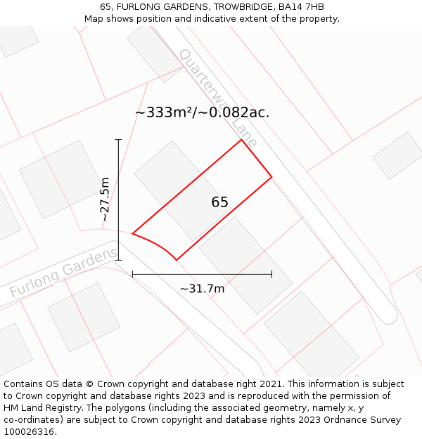 65, FURLONG GARDENS, TROWBRIDGE, BA14 7HB: Plot and title map