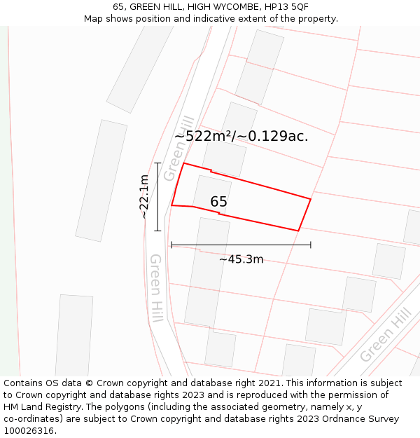 65, GREEN HILL, HIGH WYCOMBE, HP13 5QF: Plot and title map