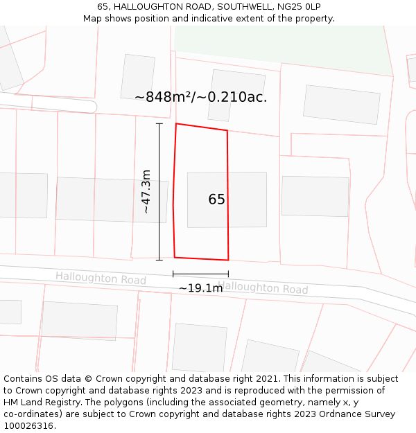 65, HALLOUGHTON ROAD, SOUTHWELL, NG25 0LP: Plot and title map