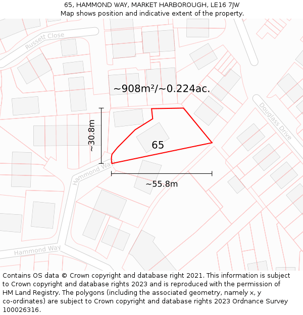 65, HAMMOND WAY, MARKET HARBOROUGH, LE16 7JW: Plot and title map