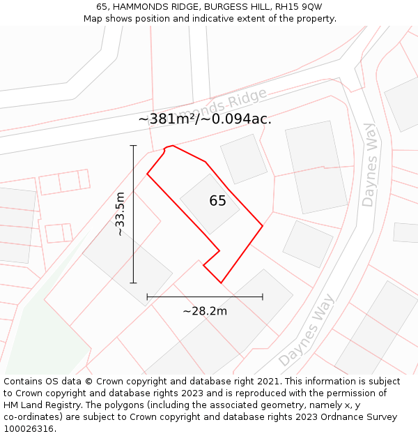 65, HAMMONDS RIDGE, BURGESS HILL, RH15 9QW: Plot and title map