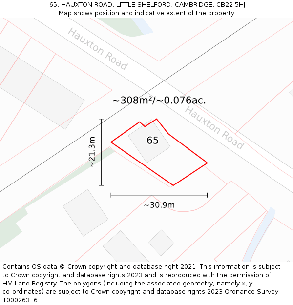 65, HAUXTON ROAD, LITTLE SHELFORD, CAMBRIDGE, CB22 5HJ: Plot and title map