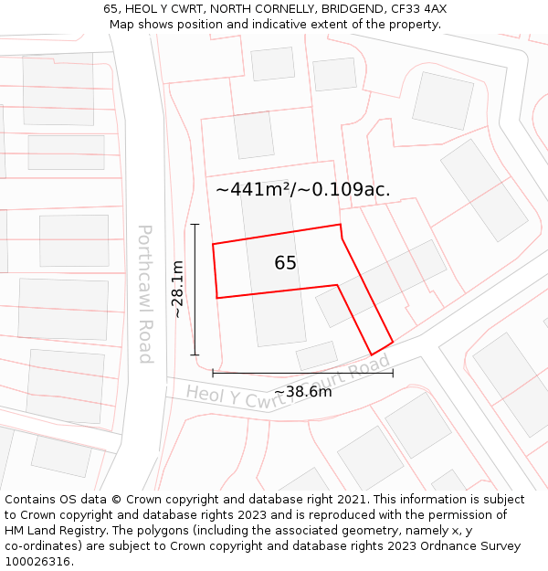 65, HEOL Y CWRT, NORTH CORNELLY, BRIDGEND, CF33 4AX: Plot and title map