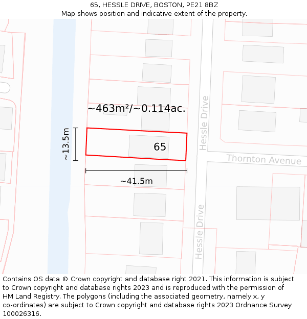 65, HESSLE DRIVE, BOSTON, PE21 8BZ: Plot and title map