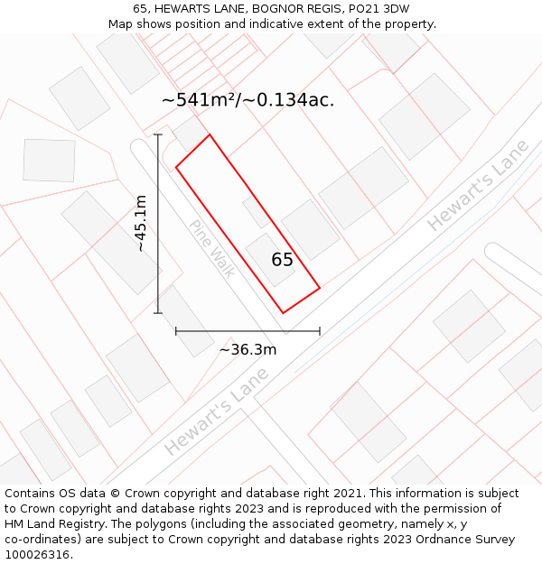 65, HEWARTS LANE, BOGNOR REGIS, PO21 3DW: Plot and title map