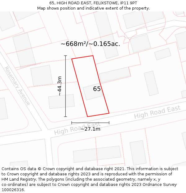 65, HIGH ROAD EAST, FELIXSTOWE, IP11 9PT: Plot and title map