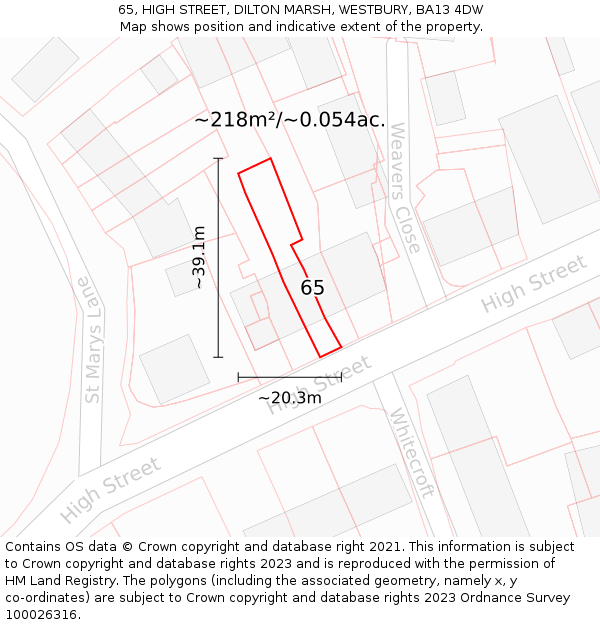 65, HIGH STREET, DILTON MARSH, WESTBURY, BA13 4DW: Plot and title map