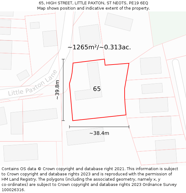 65, HIGH STREET, LITTLE PAXTON, ST NEOTS, PE19 6EQ: Plot and title map