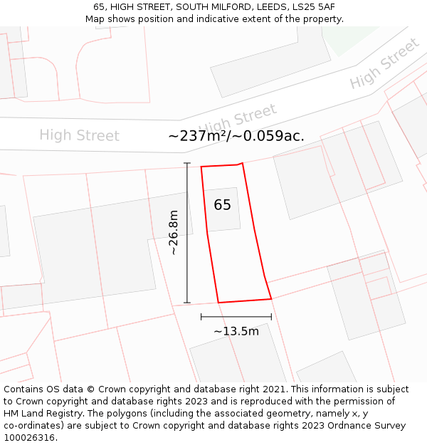 65, HIGH STREET, SOUTH MILFORD, LEEDS, LS25 5AF: Plot and title map