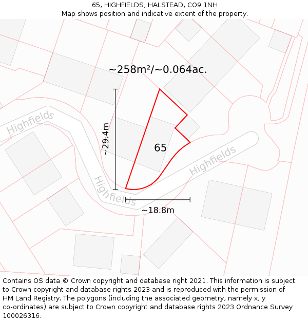 65, HIGHFIELDS, HALSTEAD, CO9 1NH: Plot and title map