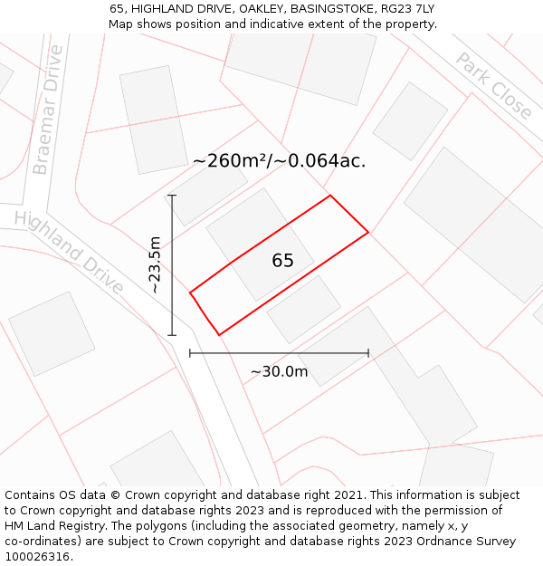 65, HIGHLAND DRIVE, OAKLEY, BASINGSTOKE, RG23 7LY: Plot and title map