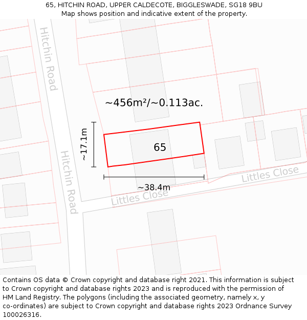 65, HITCHIN ROAD, UPPER CALDECOTE, BIGGLESWADE, SG18 9BU: Plot and title map