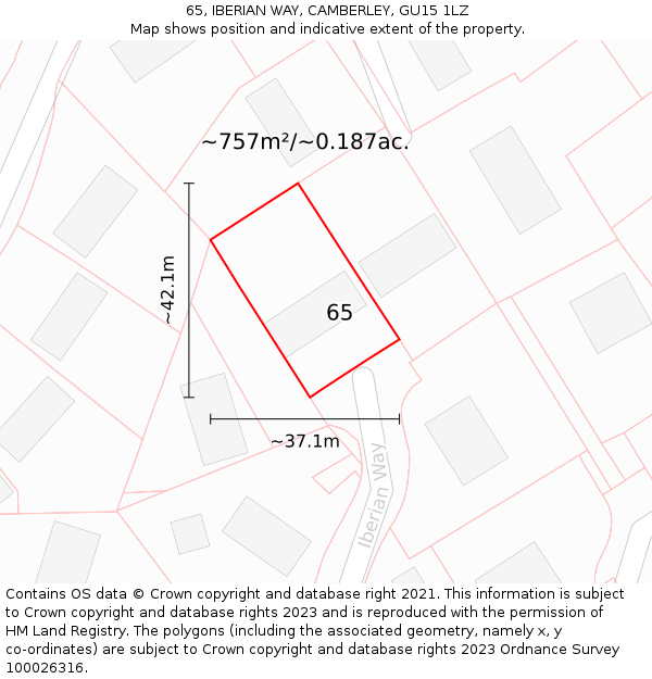 65, IBERIAN WAY, CAMBERLEY, GU15 1LZ: Plot and title map