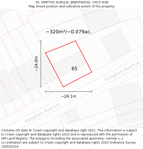 65, KIMPTON AVENUE, BRENTWOOD, CM15 9HB: Plot and title map