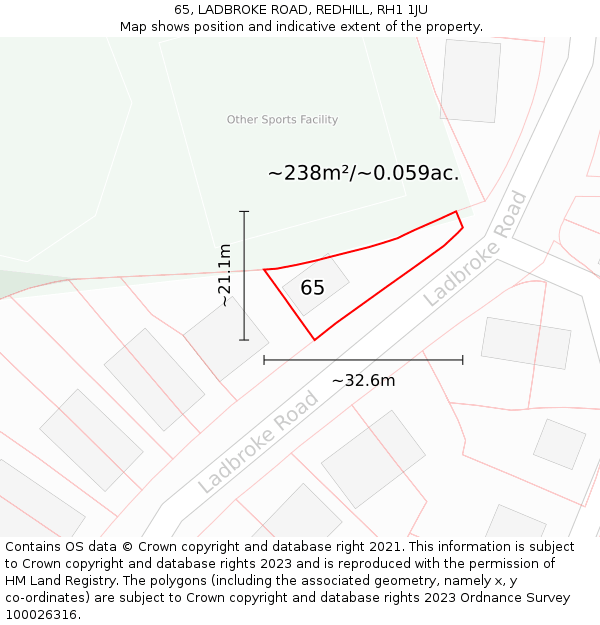 65, LADBROKE ROAD, REDHILL, RH1 1JU: Plot and title map