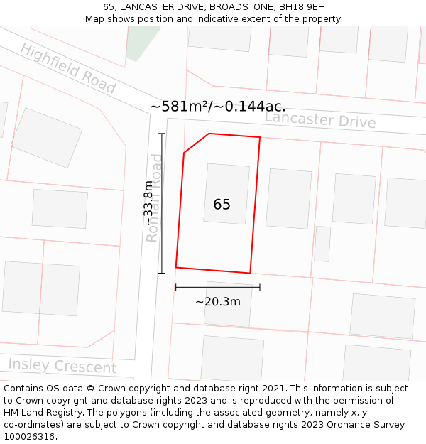 65, LANCASTER DRIVE, BROADSTONE, BH18 9EH: Plot and title map