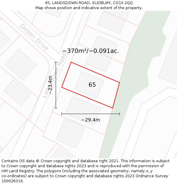 65, LANDSDOWN ROAD, SUDBURY, CO10 2QQ: Plot and title map