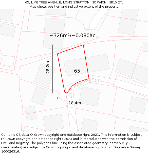 65, LIME TREE AVENUE, LONG STRATTON, NORWICH, NR15 2TL: Plot and title map