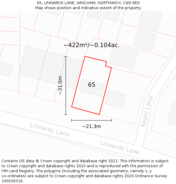 65, LINNARDS LANE, WINCHAM, NORTHWICH, CW9 6ED: Plot and title map