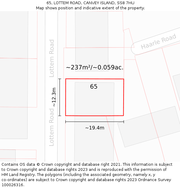 65, LOTTEM ROAD, CANVEY ISLAND, SS8 7HU: Plot and title map