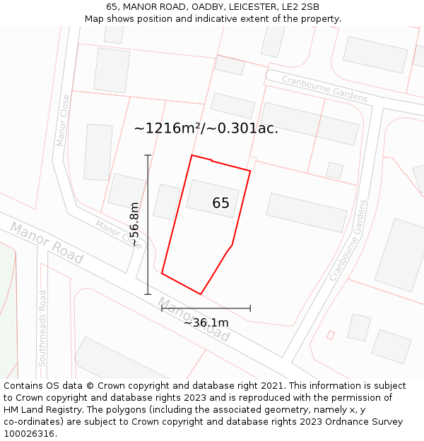 65, MANOR ROAD, OADBY, LEICESTER, LE2 2SB: Plot and title map