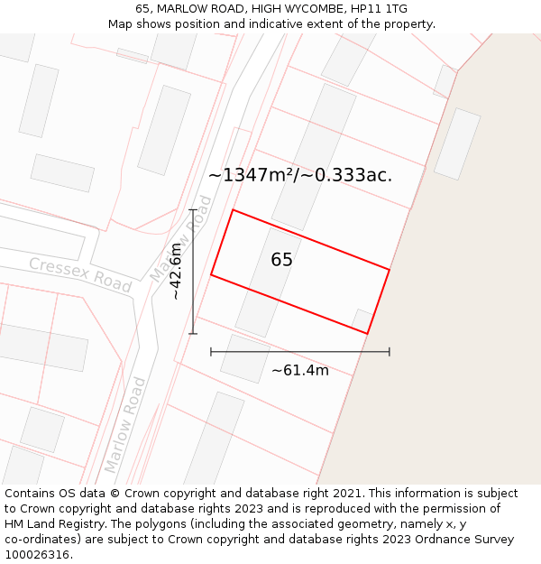 65, MARLOW ROAD, HIGH WYCOMBE, HP11 1TG: Plot and title map