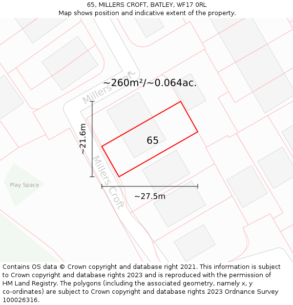 65, MILLERS CROFT, BATLEY, WF17 0RL: Plot and title map