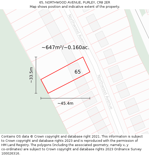 65, NORTHWOOD AVENUE, PURLEY, CR8 2ER: Plot and title map