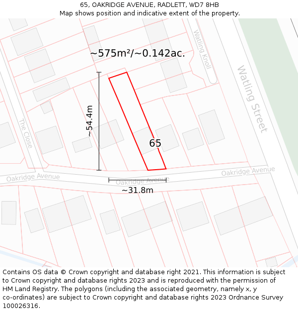 65, OAKRIDGE AVENUE, RADLETT, WD7 8HB: Plot and title map